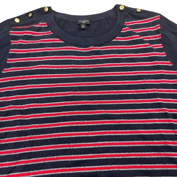 Talbots Woman Metallic stripe Sweater size 2X Gold tone shoulder Buttons NWOT - Picture 2 of 5